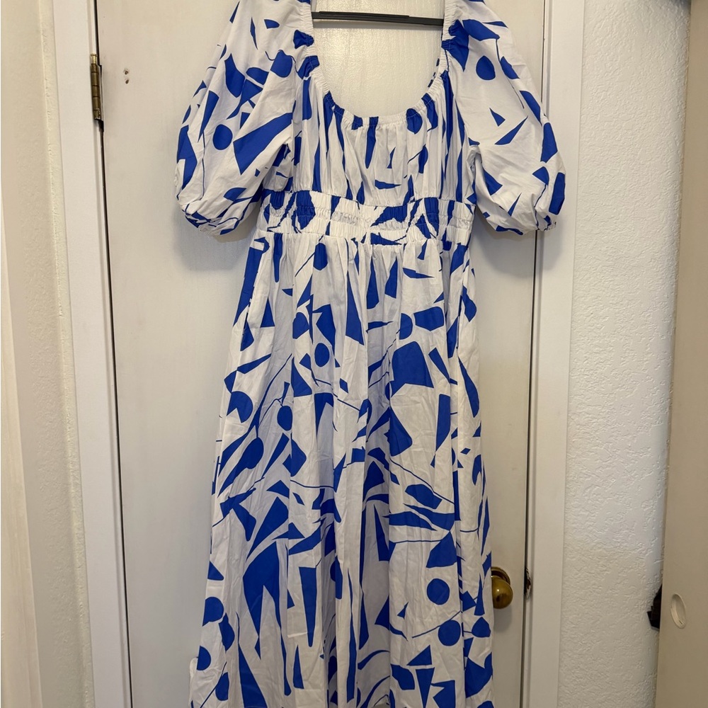 Blue & White Abstract Puff-Sleeve Maxi Dress